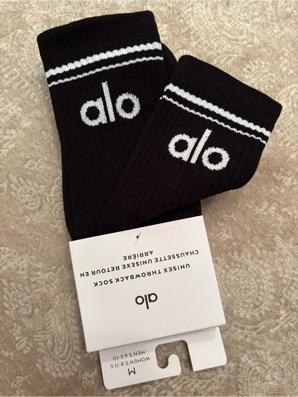 Brand New ALO Unisex Throwback Sock Classic Black White Stripes Comfy Cushioned